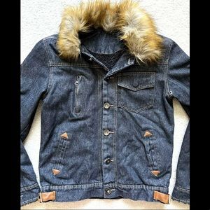 Yi Jian Mei Denim Jean Jacket Lined Removable Faux Fur Collar Sz Medium